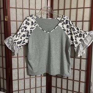 Gray and Animal Print Top with Ruffle Sleeves PTP 24 inches